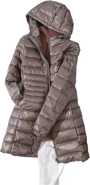 Womens Jackets Winter Women's Solid Color Mid Length Hooded Down Jacket With Drawstring Slim Fit Portable Womens