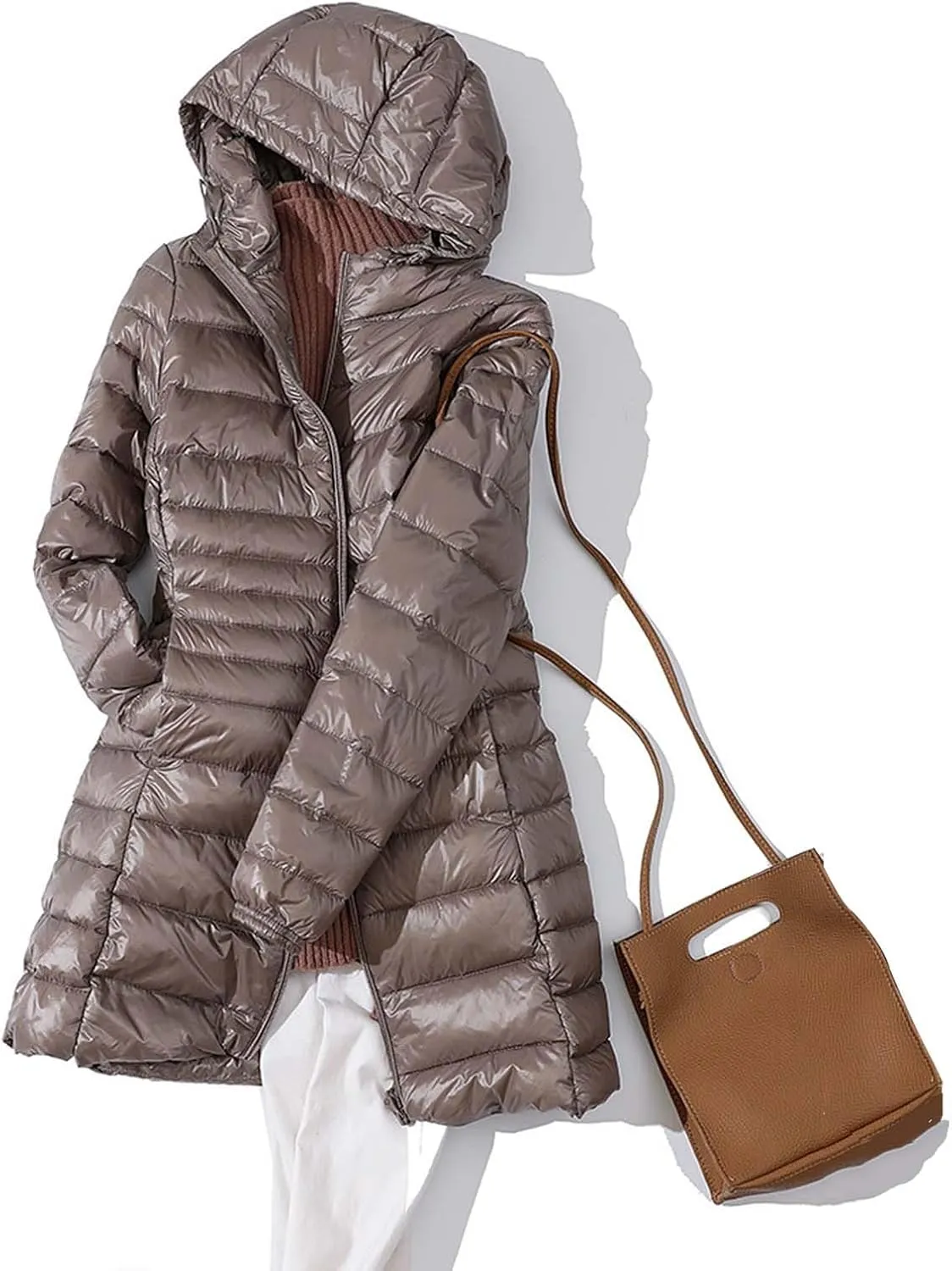 Womens Jackets Winter Women's Solid Color Mid Length Hooded Down Jacket With Drawstring Slim Fit Portable Womens