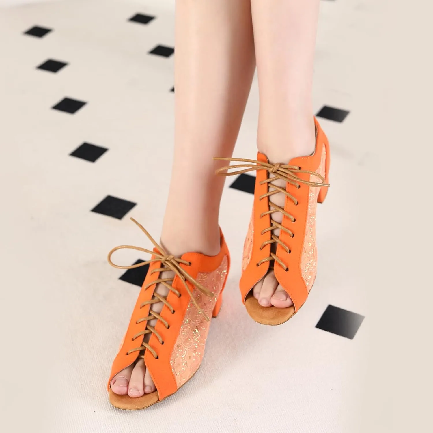 Women's Latin Dance Practice Shoes with Lace-up Peep Toe Ballroom Salsa Tango Dancing Shoes Low Heel