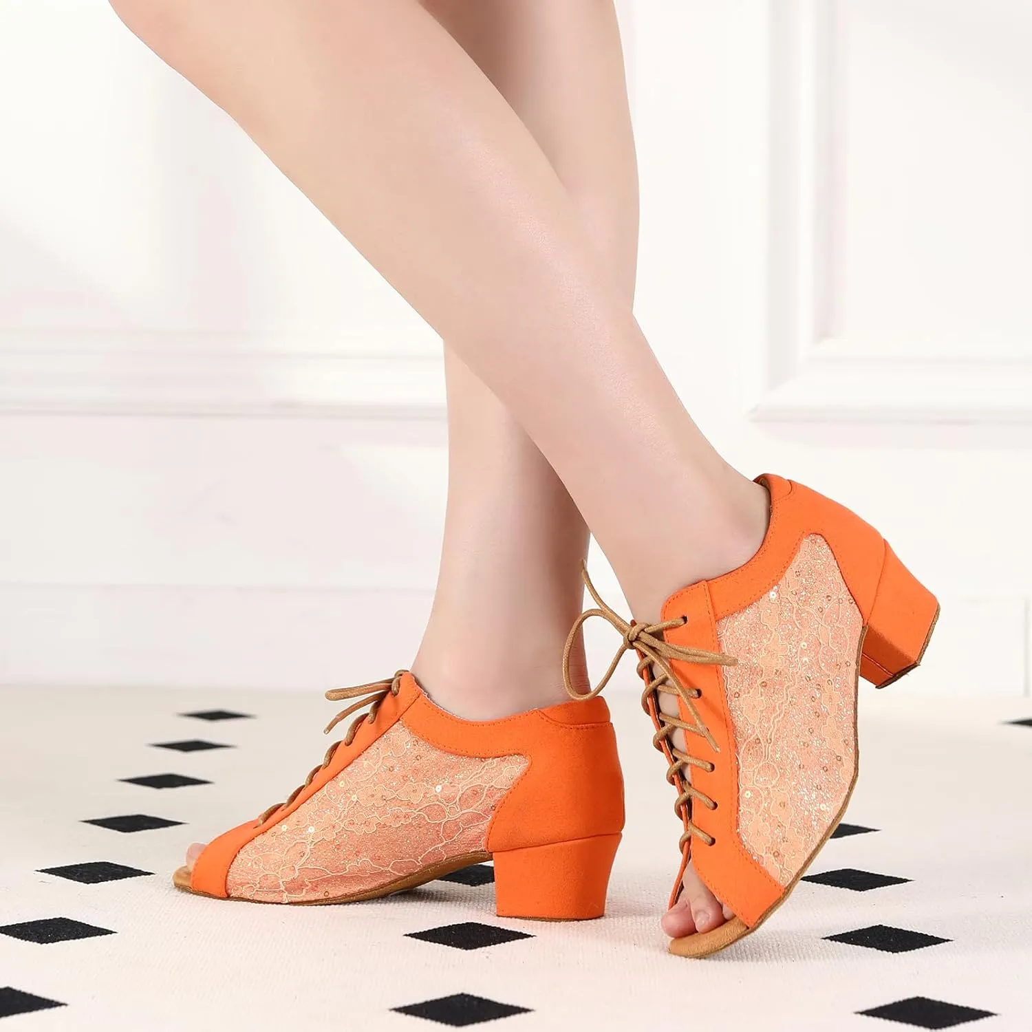 Women's Latin Dance Practice Shoes with Lace-up Peep Toe Ballroom Salsa Tango Dancing Shoes Low Heel