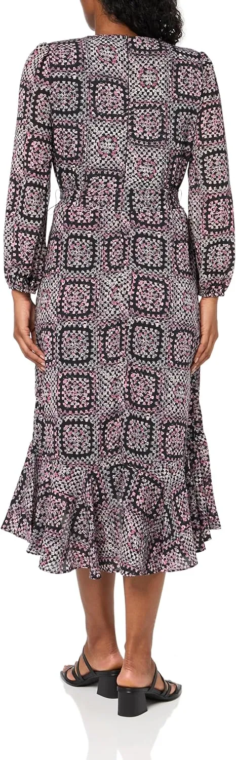 Women's Long Sleeve Chiffon Faux Wrap V-Neck Midi Dress