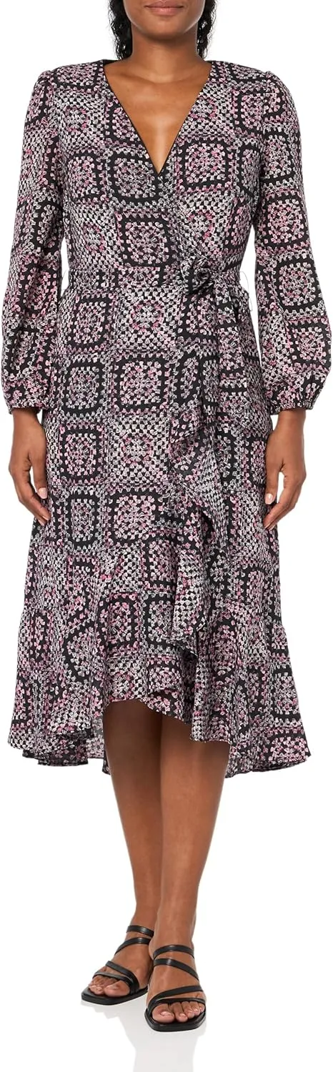 Women's Long Sleeve Chiffon Faux Wrap V-Neck Midi Dress