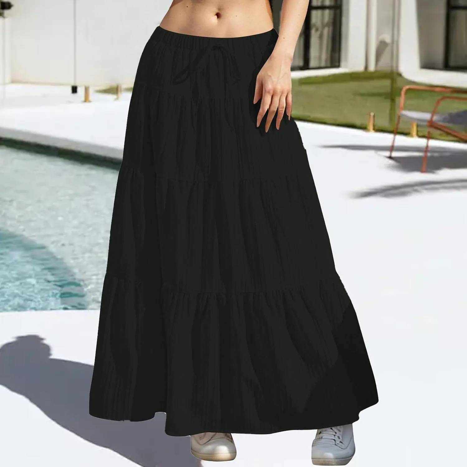Women's Maxi Skirt Drawstring Elastic Waist Tiered Long Flowy Skirts Summer Vacation A-Line Pleated Skirts
