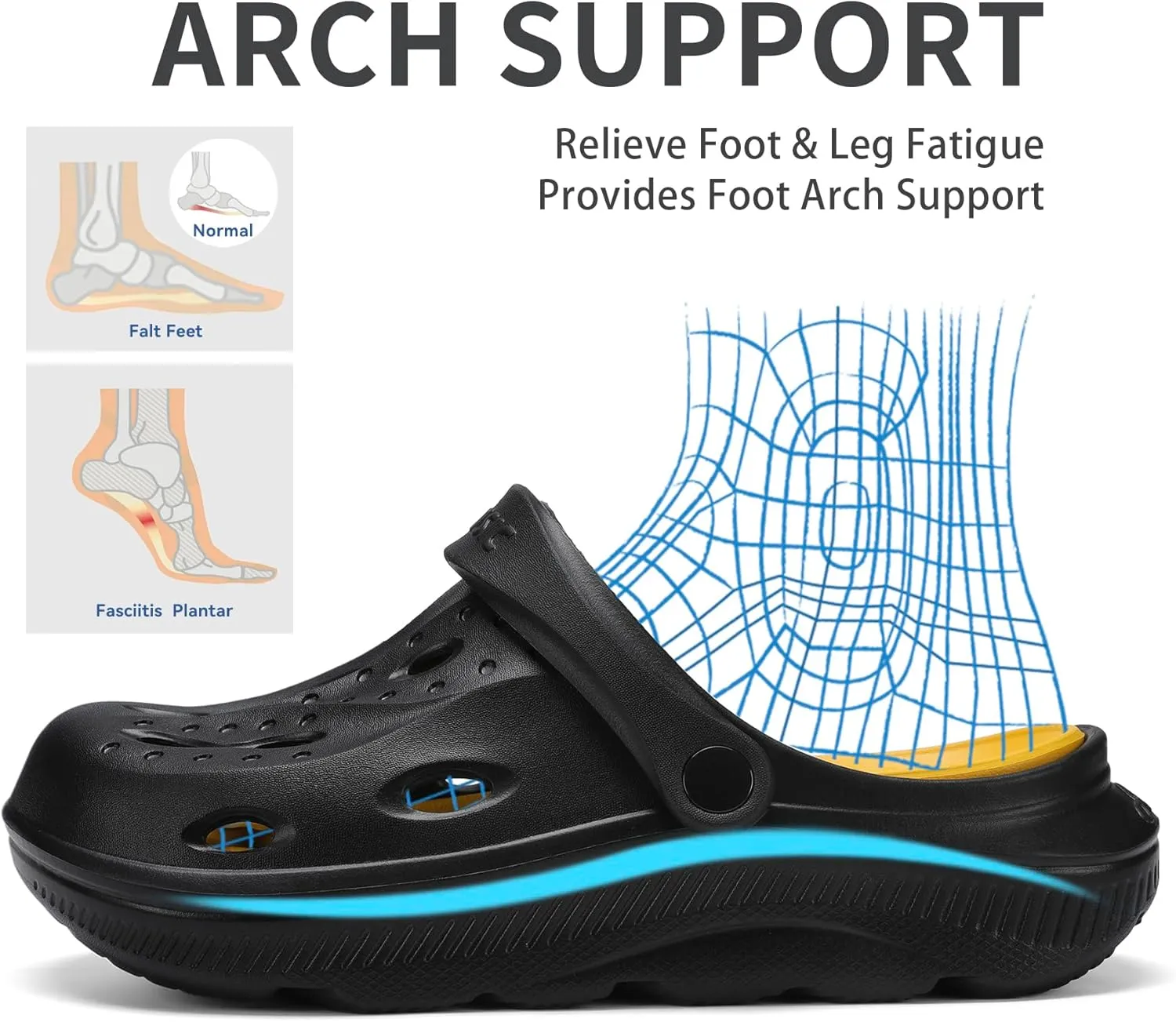 Womens Mens Arch Support Clogs Slip-on Garden Shoes Cushion Plantar Fasciitis Sandals Non-Slip Beach Slippers with Removable Insoles Outdoor Indoor