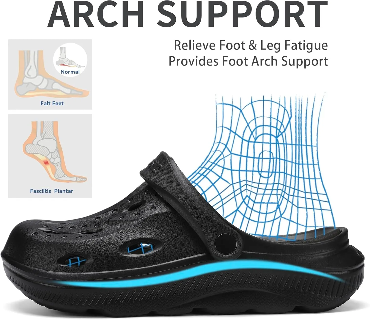 Womens Mens Arch Support Clogs Slip-on Garden Shoes Cushion Plantar Fasciitis Sandals Non-Slip Beach Slippers with Removable Insoles Outdoor Indoor
