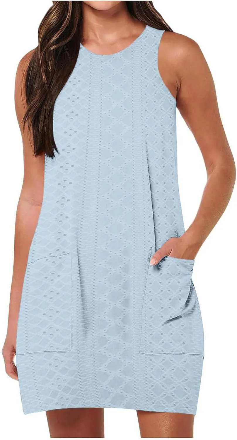 Women's Mini Dress Sleeveless Crewneck Vest Dresses Summer Pullover Casual Fit Beach Vacation Dress with Pockets