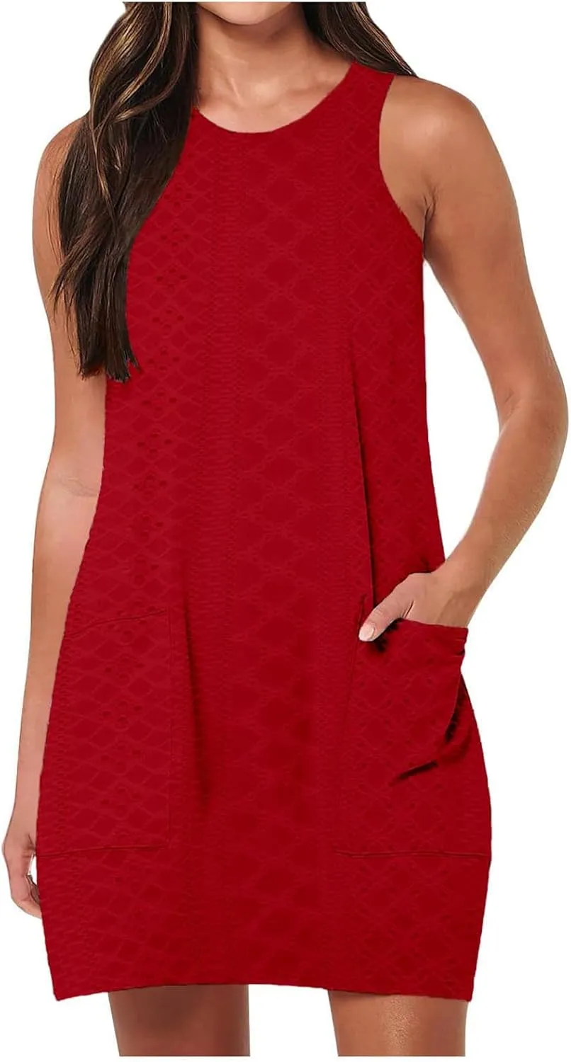 Women's Mini Dress Sleeveless Crewneck Vest Dresses Summer Pullover Casual Fit Beach Vacation Dress with Pockets