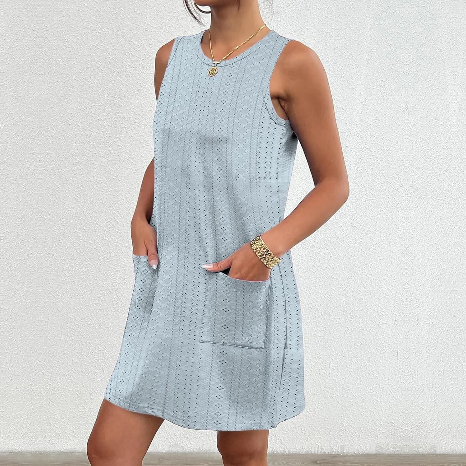 Women's Mini Dress Sleeveless Crewneck Vest Dresses Summer Pullover Casual Fit Beach Vacation Dress with Pockets