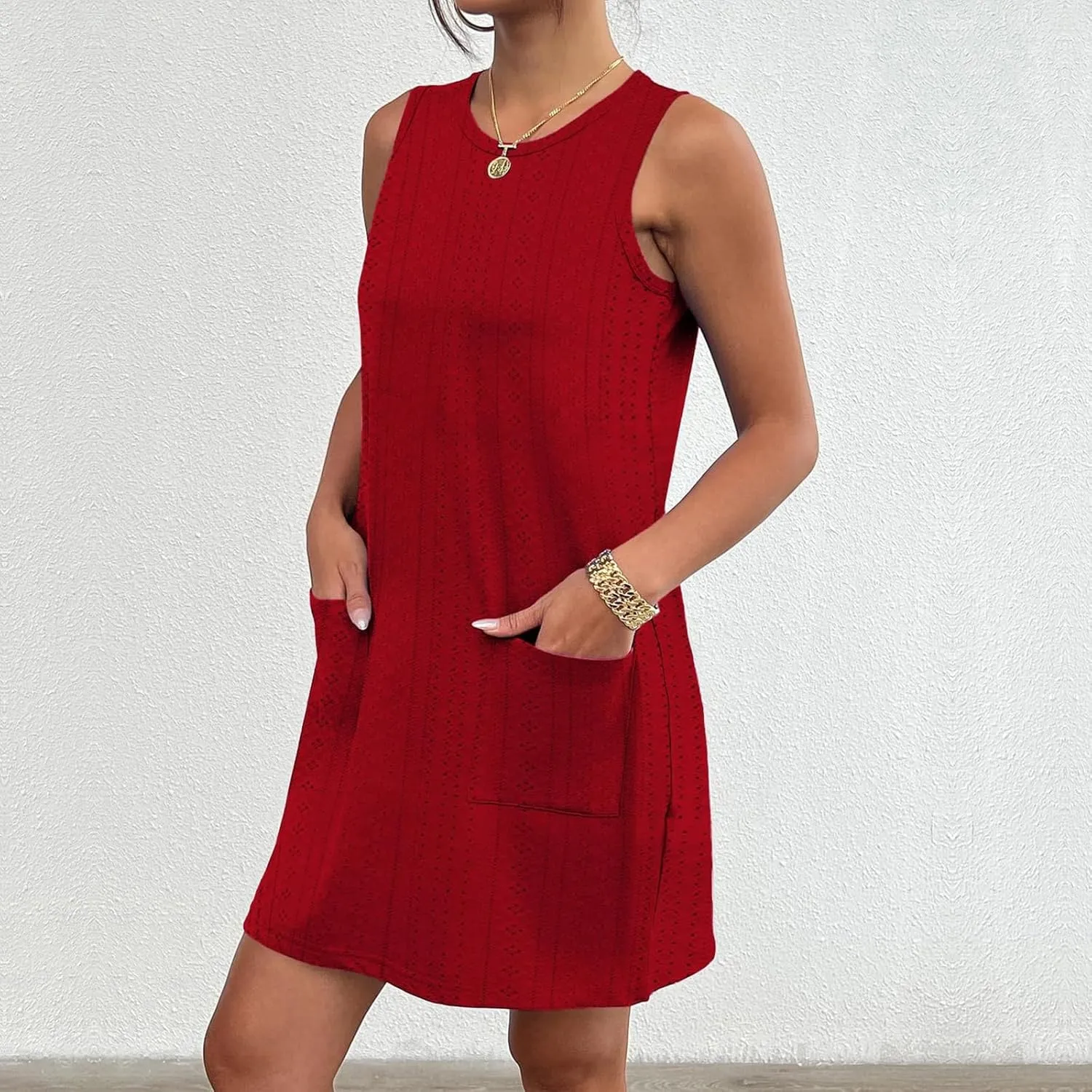 Women's Mini Dress Sleeveless Crewneck Vest Dresses Summer Pullover Casual Fit Beach Vacation Dress with Pockets
