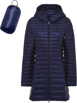 Womens Packable Long Puffer Jackets with Detachable Hood Lightweight Full Zip Winter Down Coats Warm Windproof Outwear