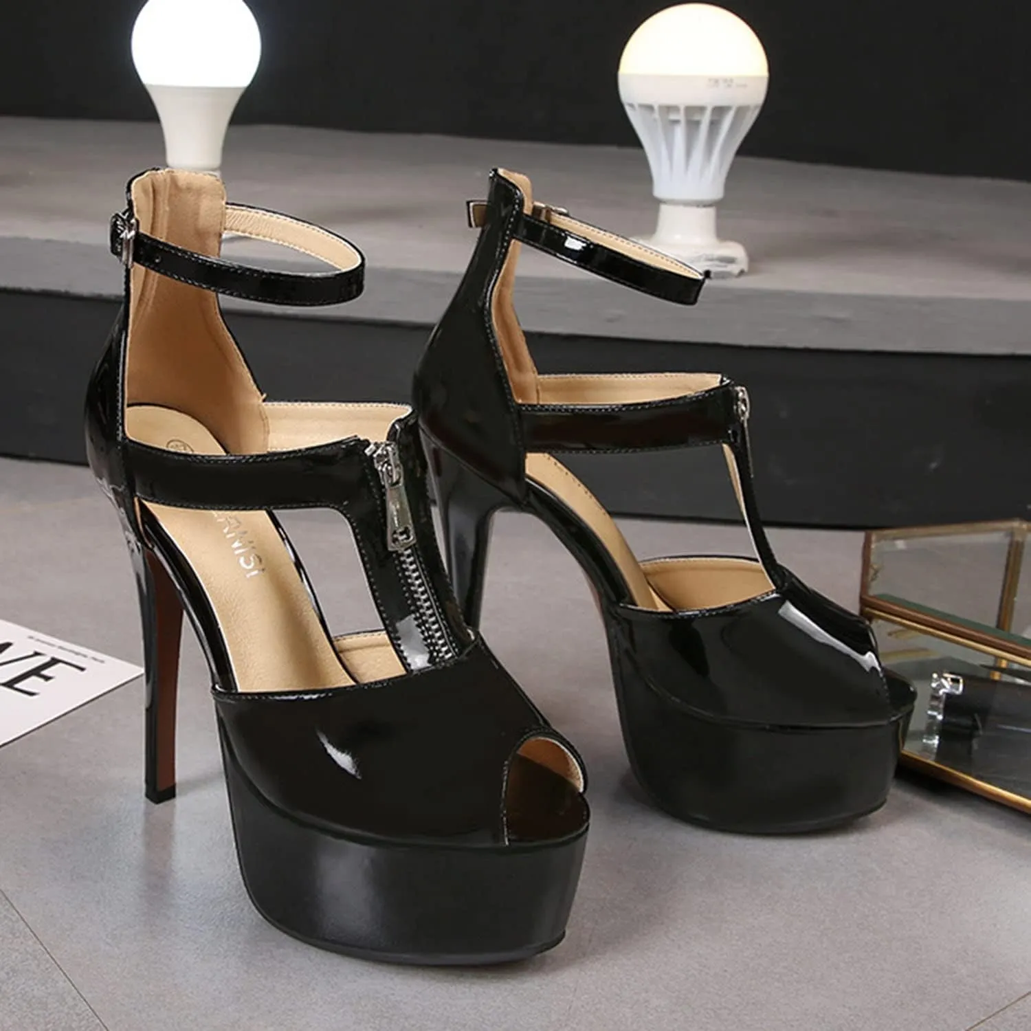 Women's Platform Chunky High Heels Dress Sandals Peep Toe Ankle Strap Wedding Party Evening Shoes with Front Zipper Sexy Stripper Club Pole Dance