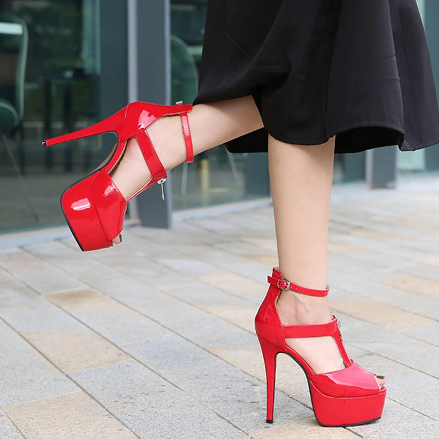 Women's Platform Chunky High Heels Dress Sandals Peep Toe Ankle Strap Wedding Party Evening Shoes with Front Zipper Sexy Stripper Club Pole Dance