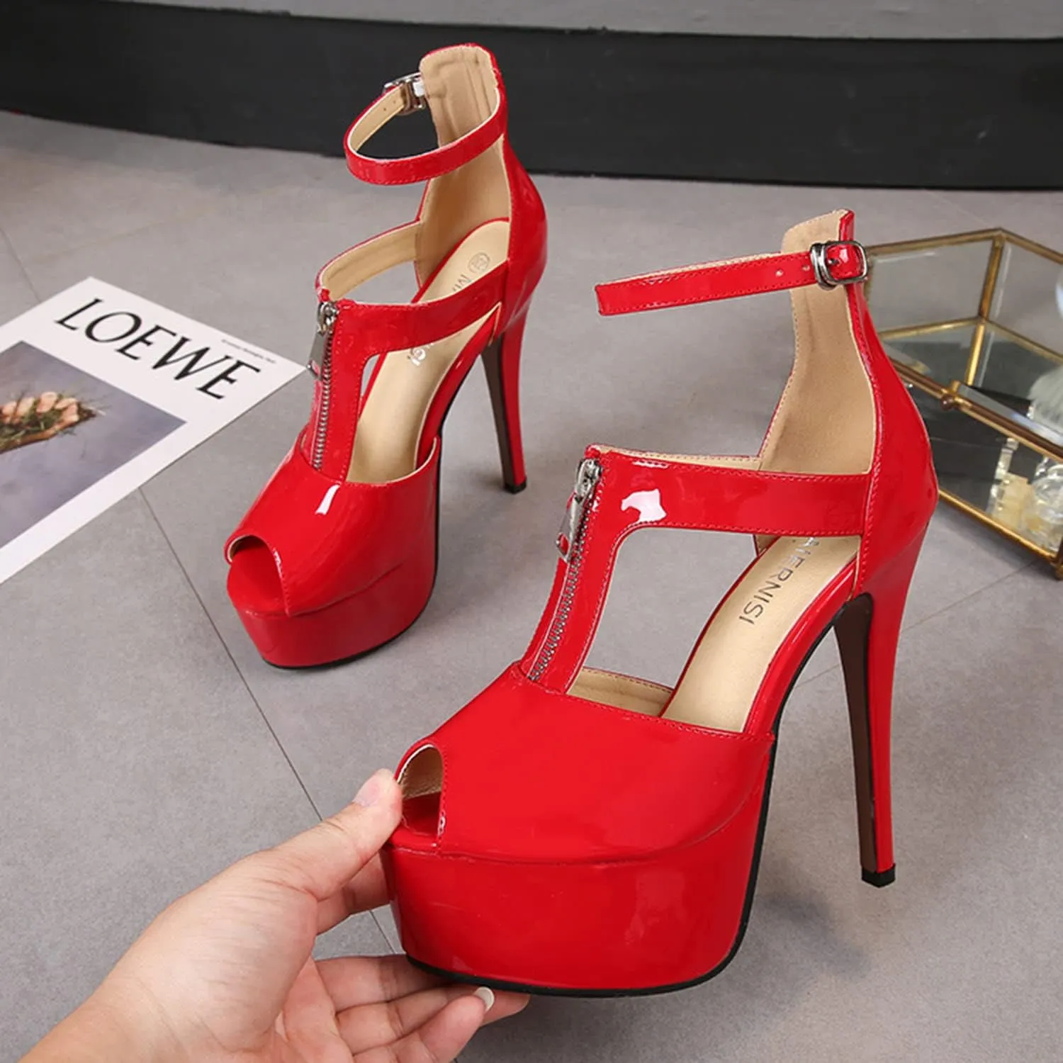 Women's Platform Chunky High Heels Dress Sandals Peep Toe Ankle Strap Wedding Party Evening Shoes with Front Zipper Sexy Stripper Club Pole Dance