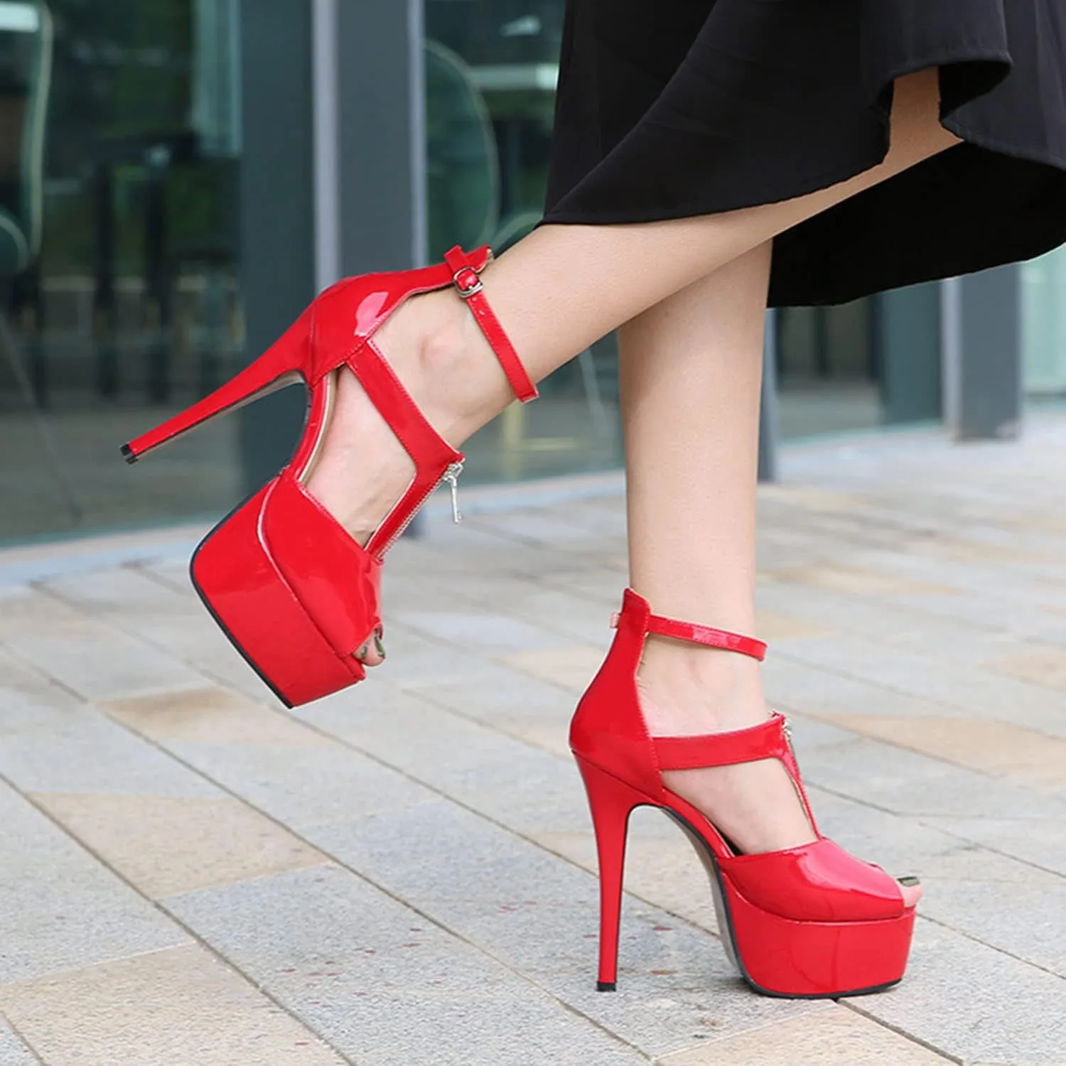 Women's Platform Chunky High Heels Dress Sandals Peep Toe Ankle Strap Wedding Party Evening Shoes with Front Zipper Sexy Stripper Club Pole Dance