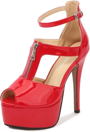 Women's Platform Chunky High Heels Dress Sandals Peep Toe Ankle Strap Wedding Party Evening Shoes with Front Zipper Sexy Stripper Club Pole Dance