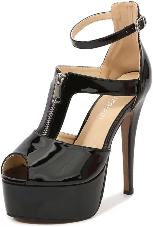 Women's Platform Chunky High Heels Dress Sandals Peep Toe Ankle Strap Wedding Party Evening Shoes with Front Zipper Sexy Stripper Club Pole Dance