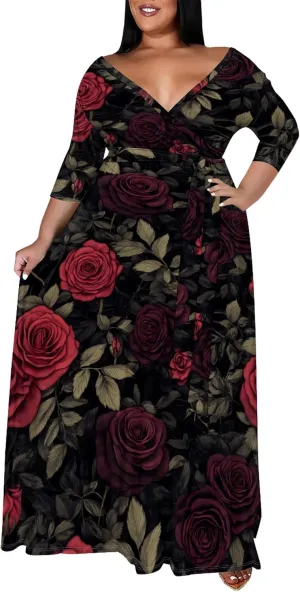 Women's Plus Size Maxi Dress Print 3/4 Sleeves V Neck Party Sundress Wedding Guest Dresses