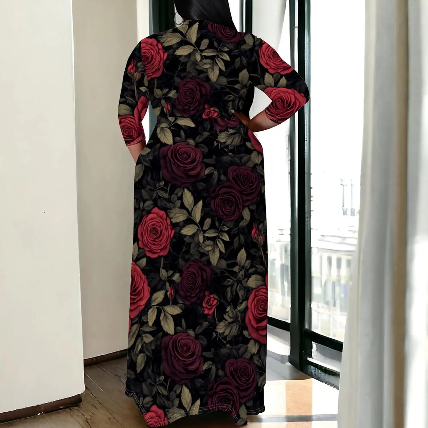 Women's Plus Size Maxi Dress Print 3/4 Sleeves V Neck Party Sundress Wedding Guest Dresses