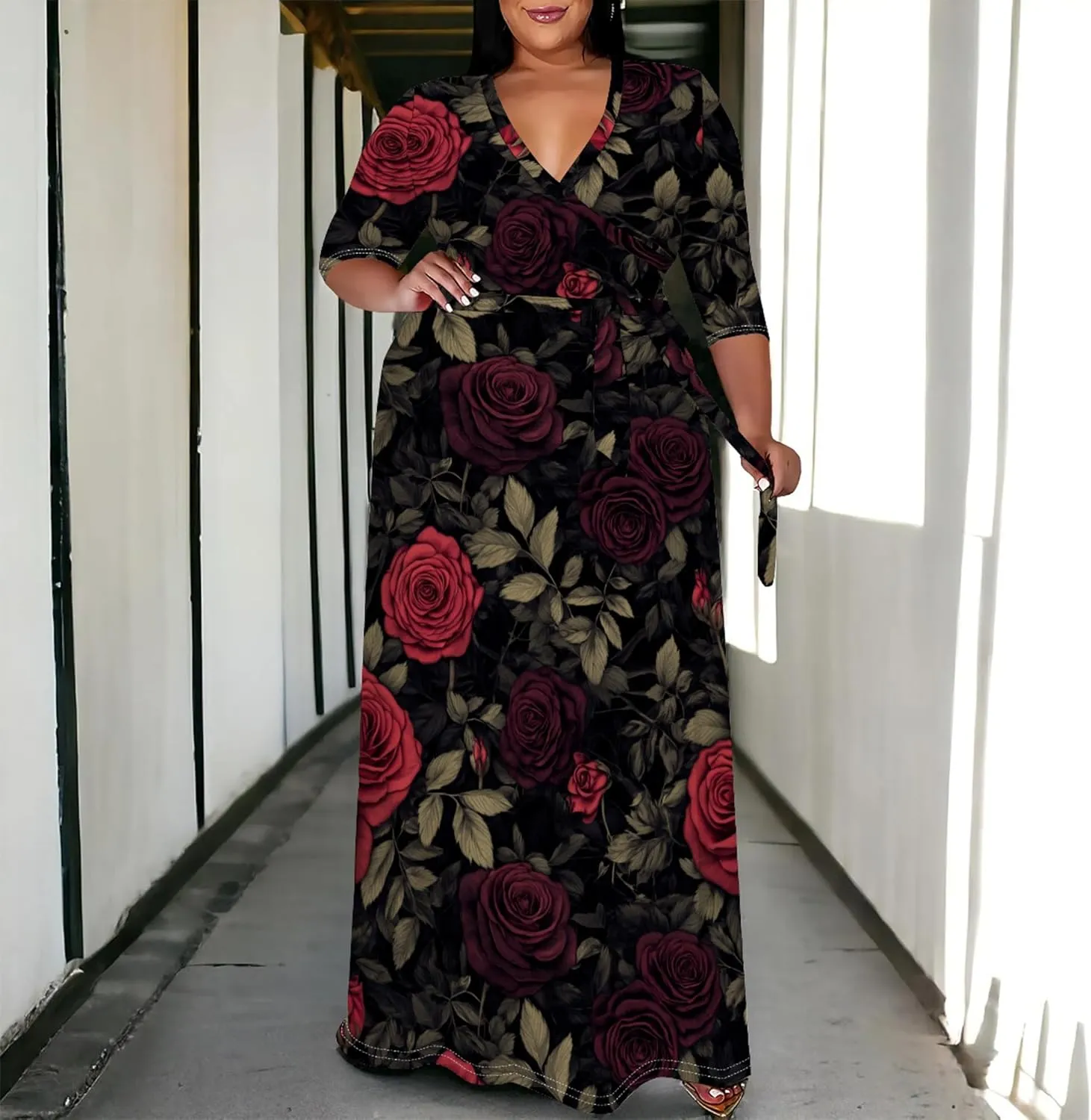 Women's Plus Size Maxi Dress Print 3/4 Sleeves V Neck Party Sundress Wedding Guest Dresses