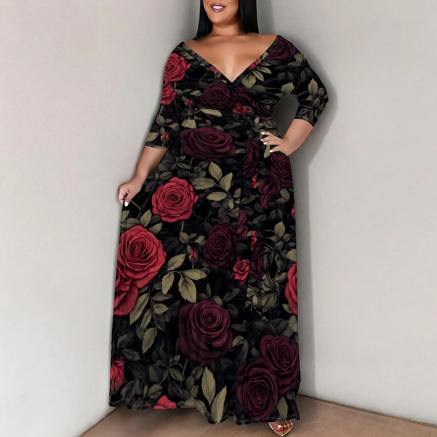 Women's Plus Size Maxi Dress Print 3/4 Sleeves V Neck Party Sundress Wedding Guest Dresses