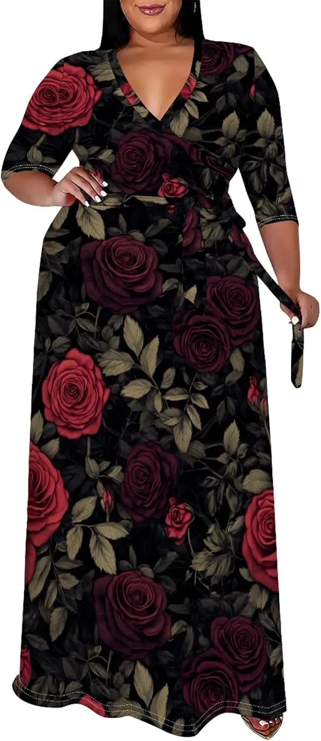 Women's Plus Size Maxi Dress Print 3/4 Sleeves V Neck Party Sundress Wedding Guest Dresses