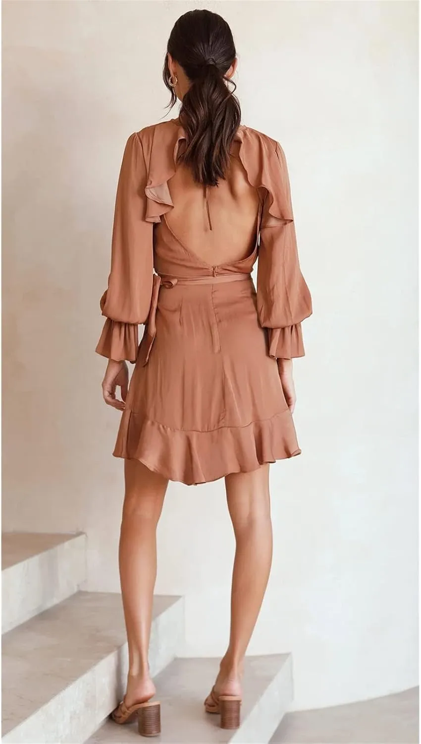 Women's Sexy Round Neck Ruffle Long Sleeve Tie Waist Wrap Dresses Party Dress Casual A Line Swing Mini Wrap Dress