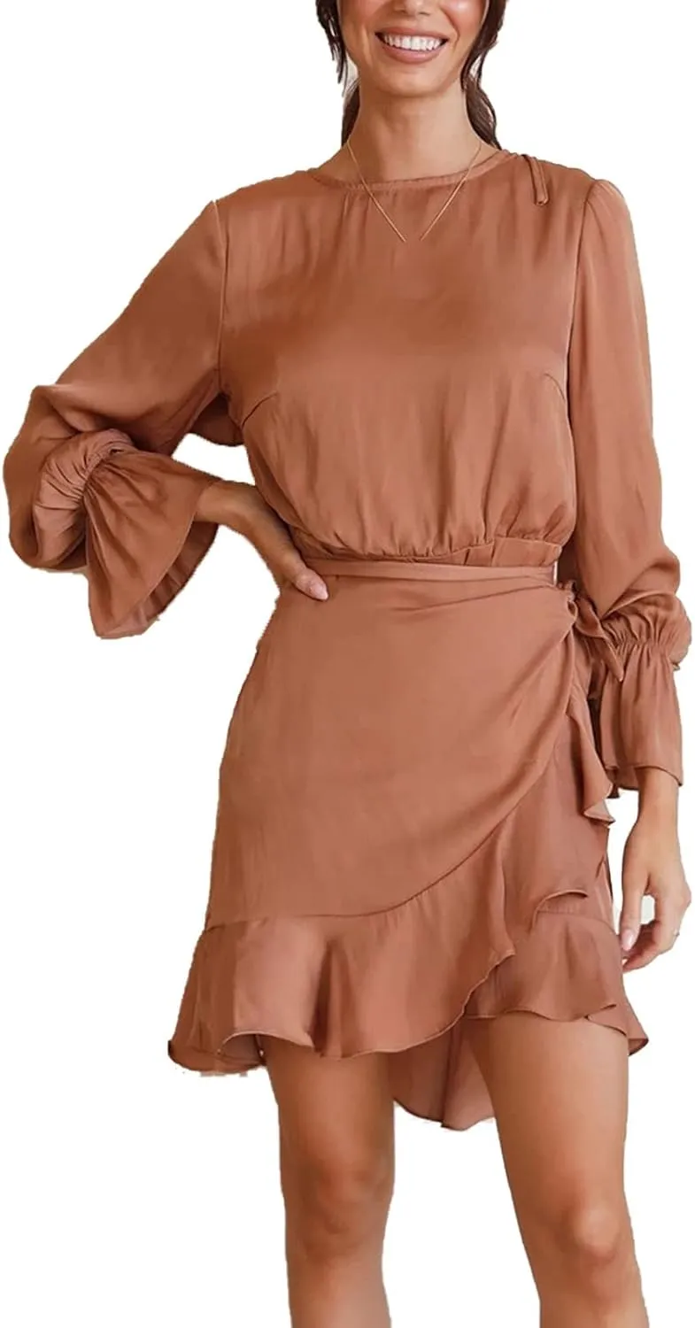 Women's Sexy Round Neck Ruffle Long Sleeve Tie Waist Wrap Dresses Party Dress Casual A Line Swing Mini Wrap Dress