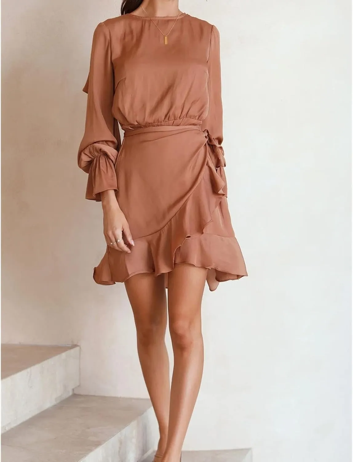 Women's Sexy Round Neck Ruffle Long Sleeve Tie Waist Wrap Dresses Party Dress Casual A Line Swing Mini Wrap Dress