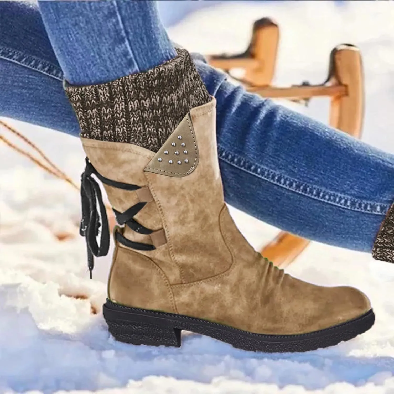 Women's Snow Boots Low Heel Mid Calf Winter Boots Side Zip Western Platform Hiking Booties Warm Non Slip Outdoor Shoes Winter