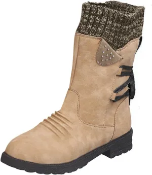 Women's Snow Boots Low Heel Mid Calf Winter Boots Side Zip Western Platform Hiking Booties Warm Non Slip Outdoor Shoes Winter