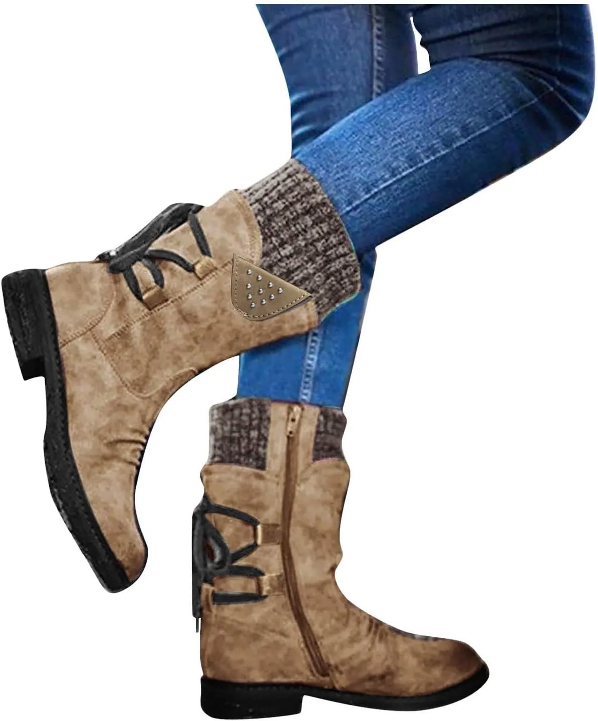 Women's Snow Boots Low Heel Mid Calf Winter Boots Side Zip Western Platform Hiking Booties Warm Non Slip Outdoor Shoes Winter