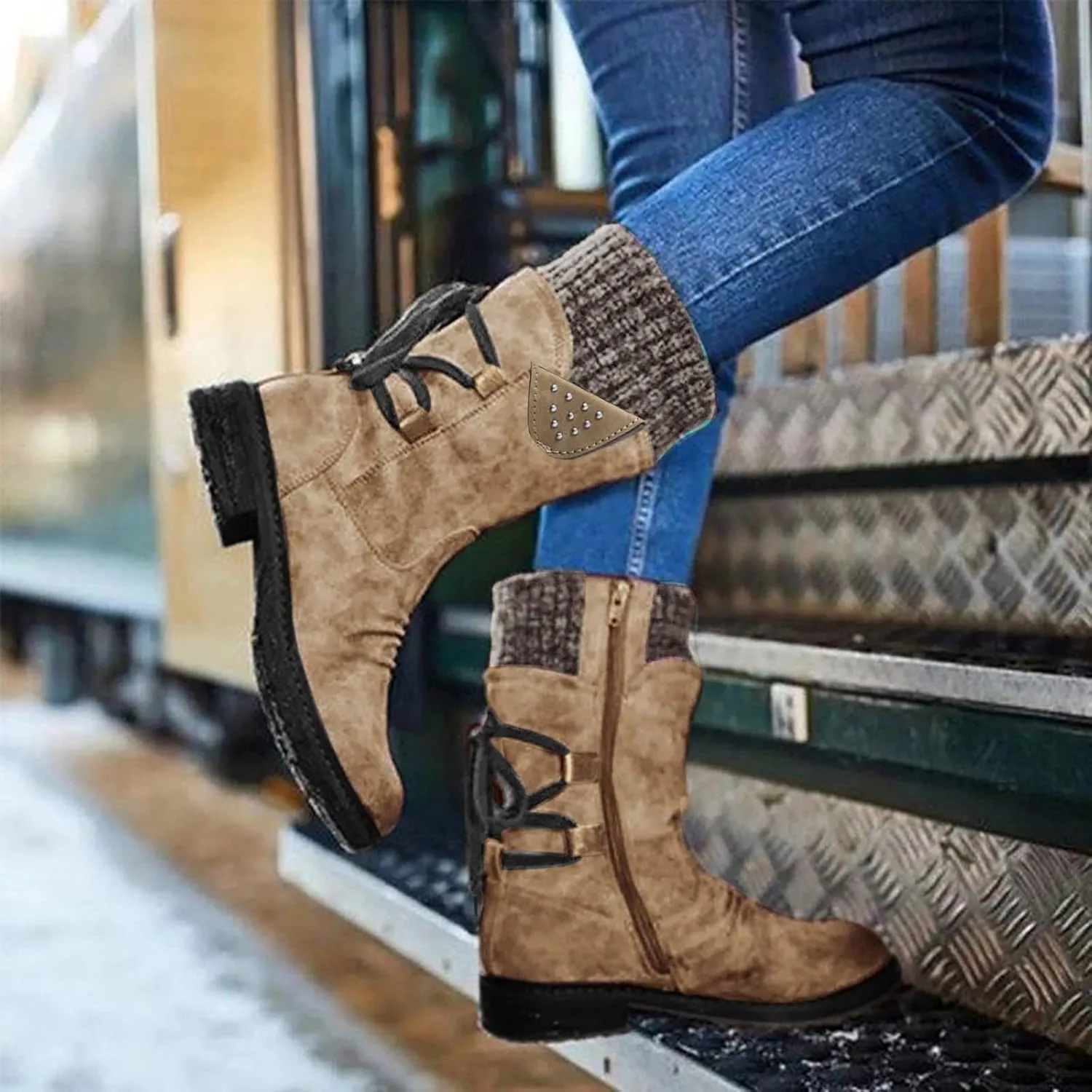 Women's Snow Boots Low Heel Mid Calf Winter Boots Side Zip Western Platform Hiking Booties Warm Non Slip Outdoor Shoes Winter