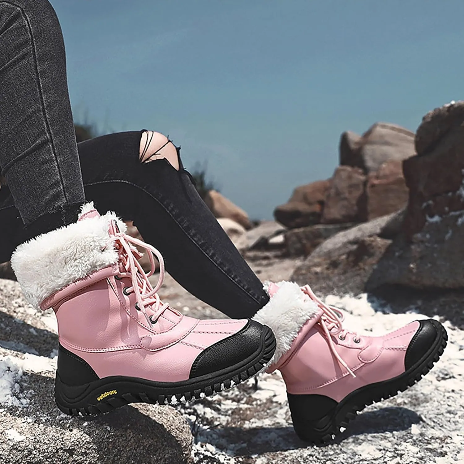 Womens Snow Boots Waterproof Winter Boots Anti-slip Fully Fur Booties Lightweight Slip on Ankle Boots Thickening Winter Shoes Walking Hiking Booties