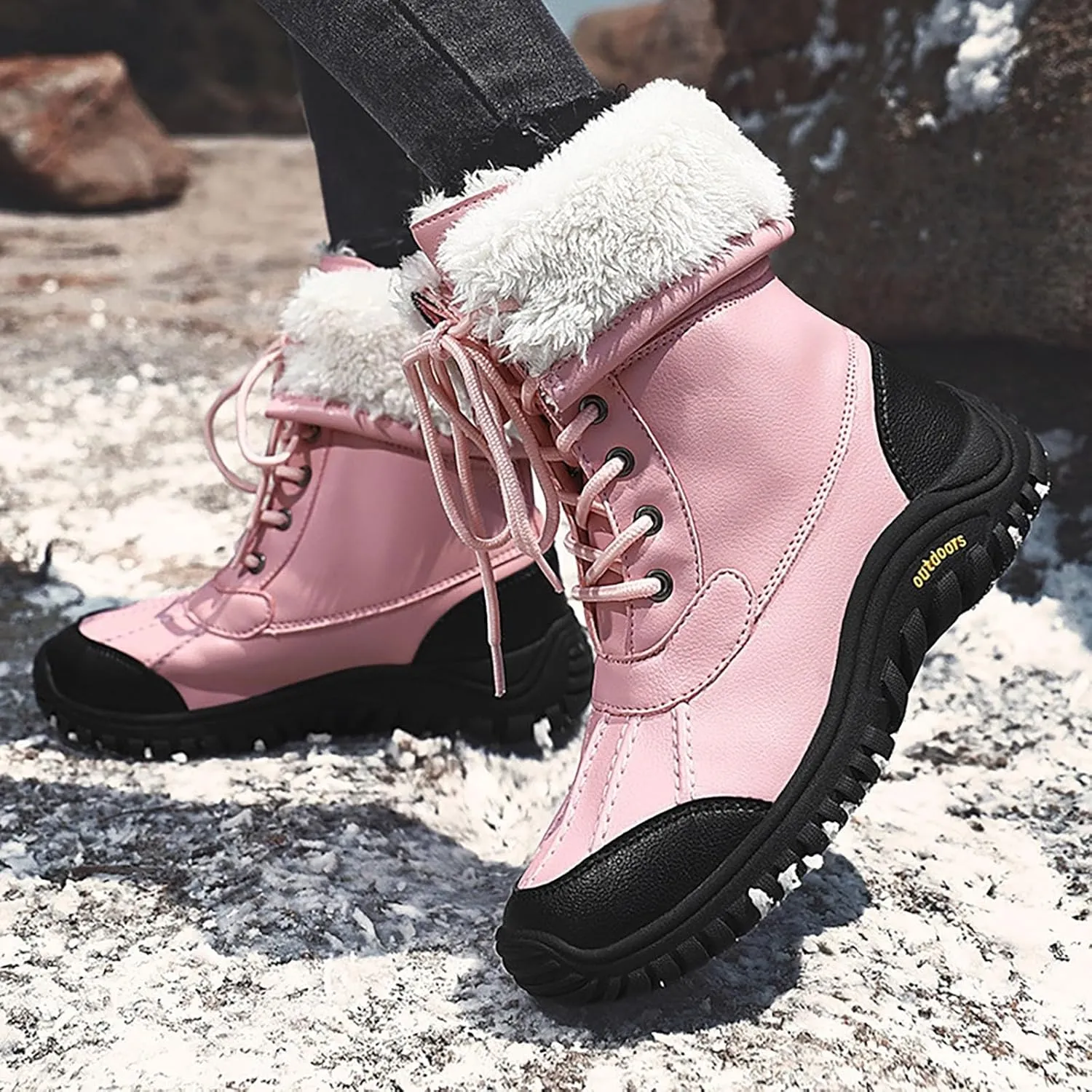 Womens Snow Boots Waterproof Winter Boots Anti-slip Fully Fur Booties Lightweight Slip on Ankle Boots Thickening Winter Shoes Walking Hiking Booties