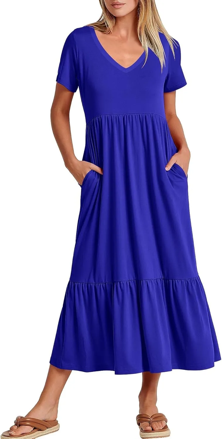 Women's Summer Casual Short Sleeve V Neck Swing Dress Casual Flowy Tiered Maxi Beach Dress with Pockets