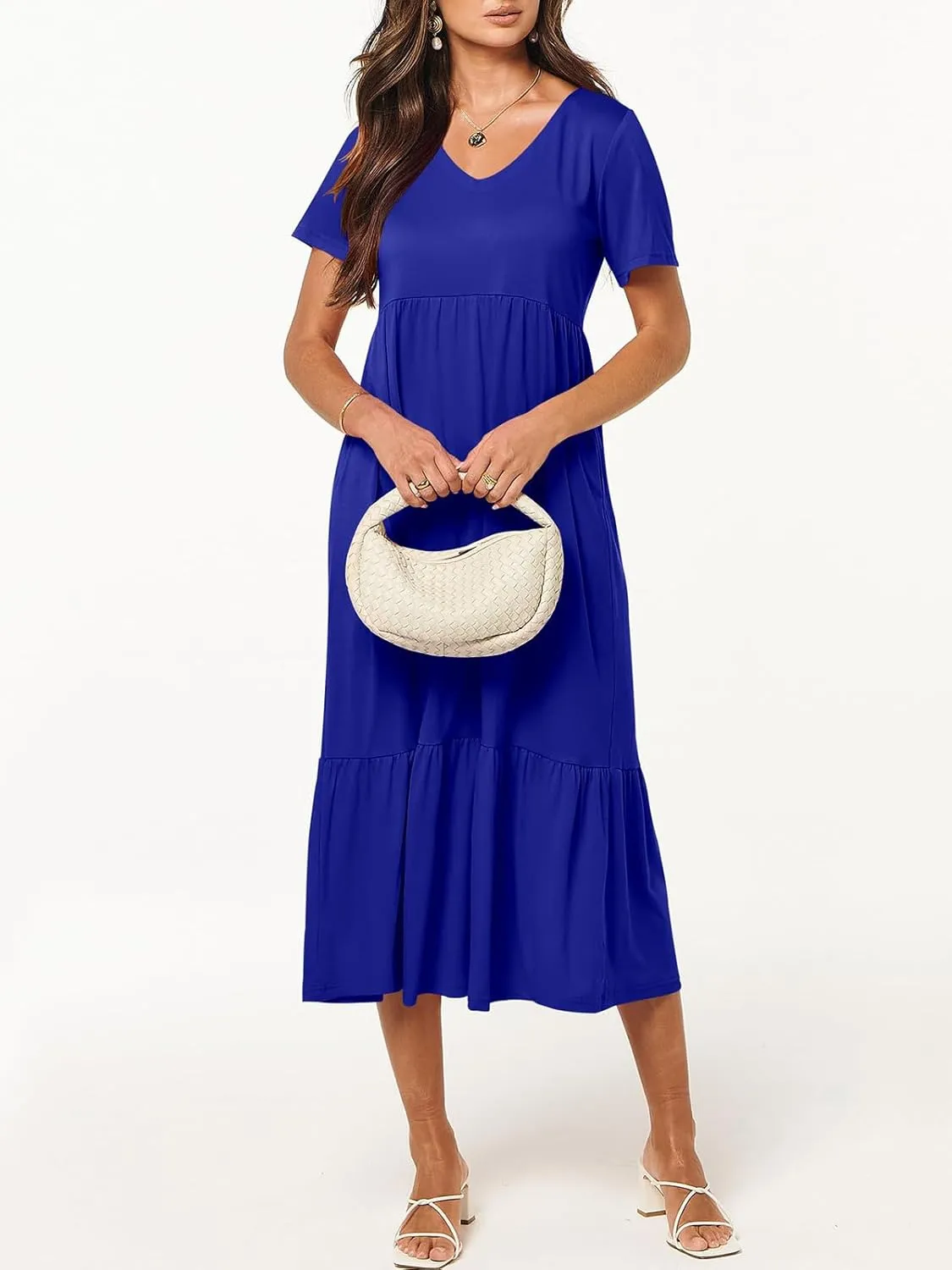 Women's Summer Casual Short Sleeve V Neck Swing Dress Casual Flowy Tiered Maxi Beach Dress with Pockets