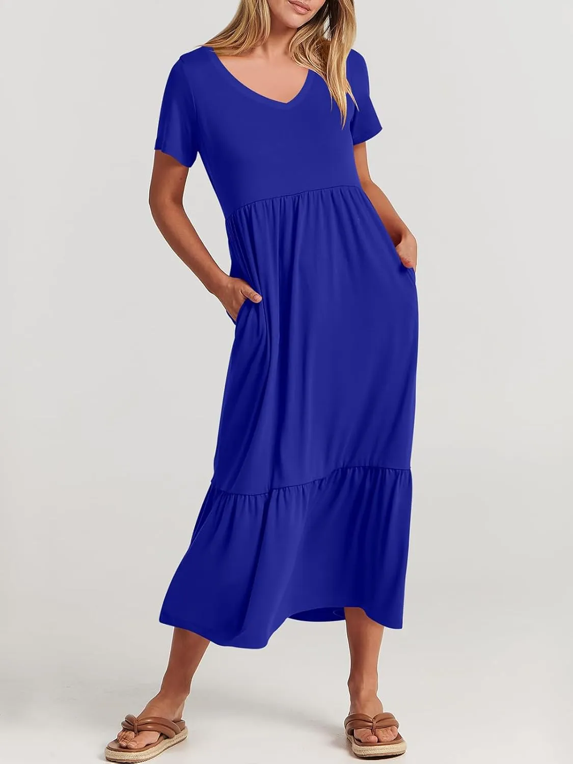 Women's Summer Casual Short Sleeve V Neck Swing Dress Casual Flowy Tiered Maxi Beach Dress with Pockets