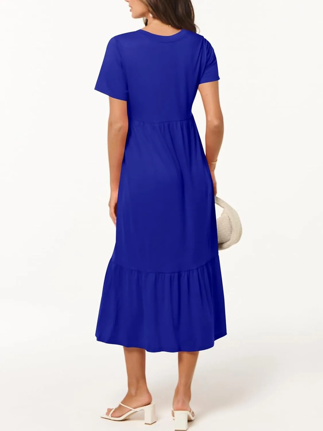Women's Summer Casual Short Sleeve V Neck Swing Dress Casual Flowy Tiered Maxi Beach Dress with Pockets