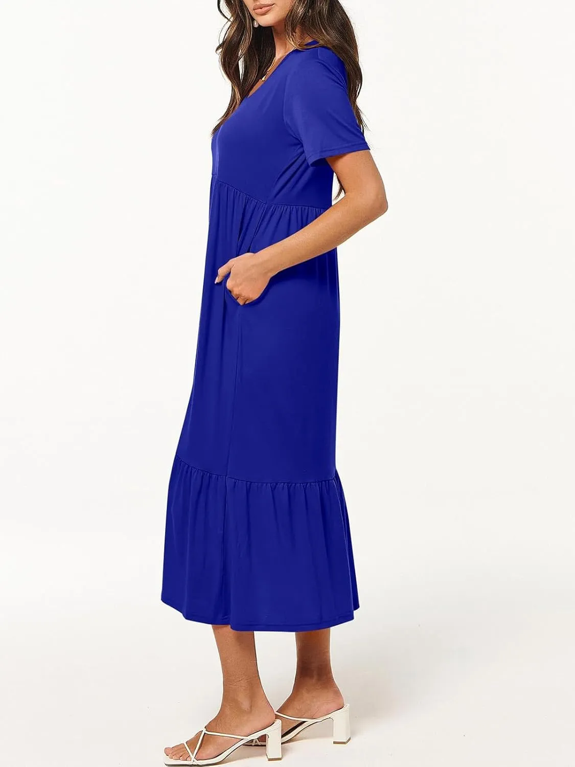 Women's Summer Casual Short Sleeve V Neck Swing Dress Casual Flowy Tiered Maxi Beach Dress with Pockets