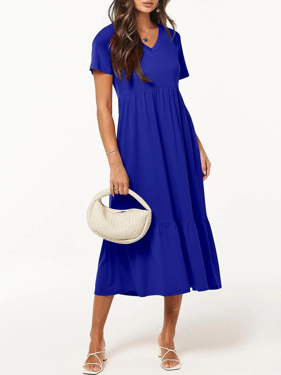 Women's Summer Casual Short Sleeve V Neck Swing Dress Casual Flowy Tiered Maxi Beach Dress with Pockets