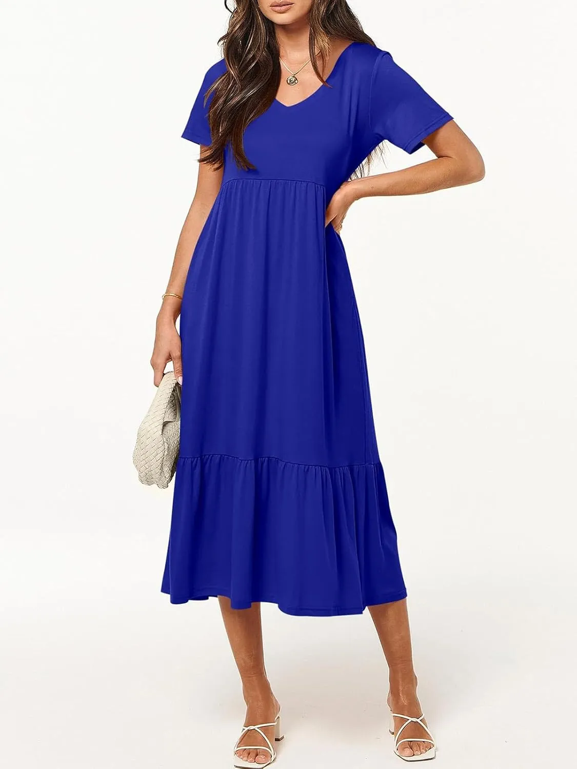 Women's Summer Casual Short Sleeve V Neck Swing Dress Casual Flowy Tiered Maxi Beach Dress with Pockets