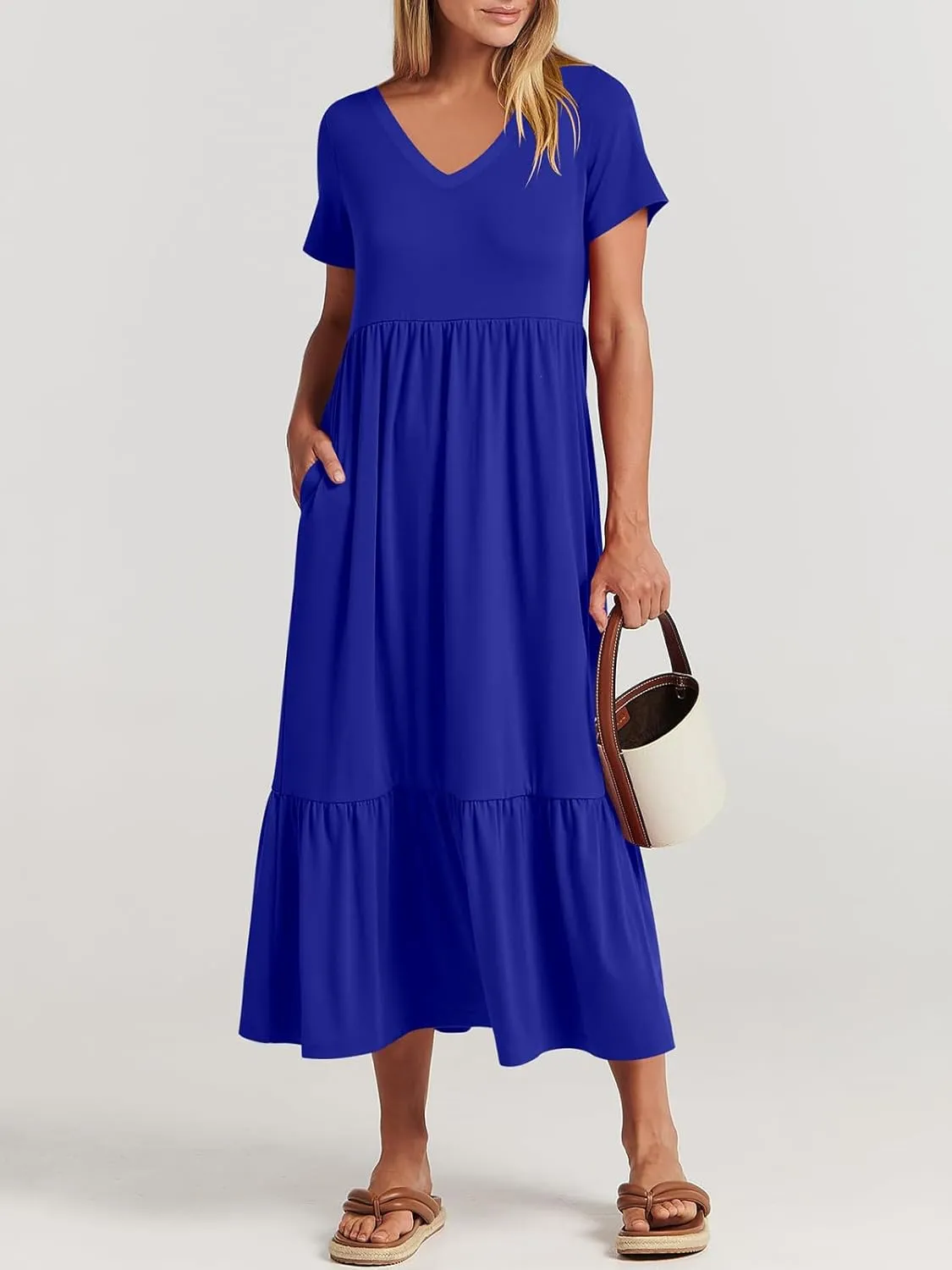 Women's Summer Casual Short Sleeve V Neck Swing Dress Casual Flowy Tiered Maxi Beach Dress with Pockets