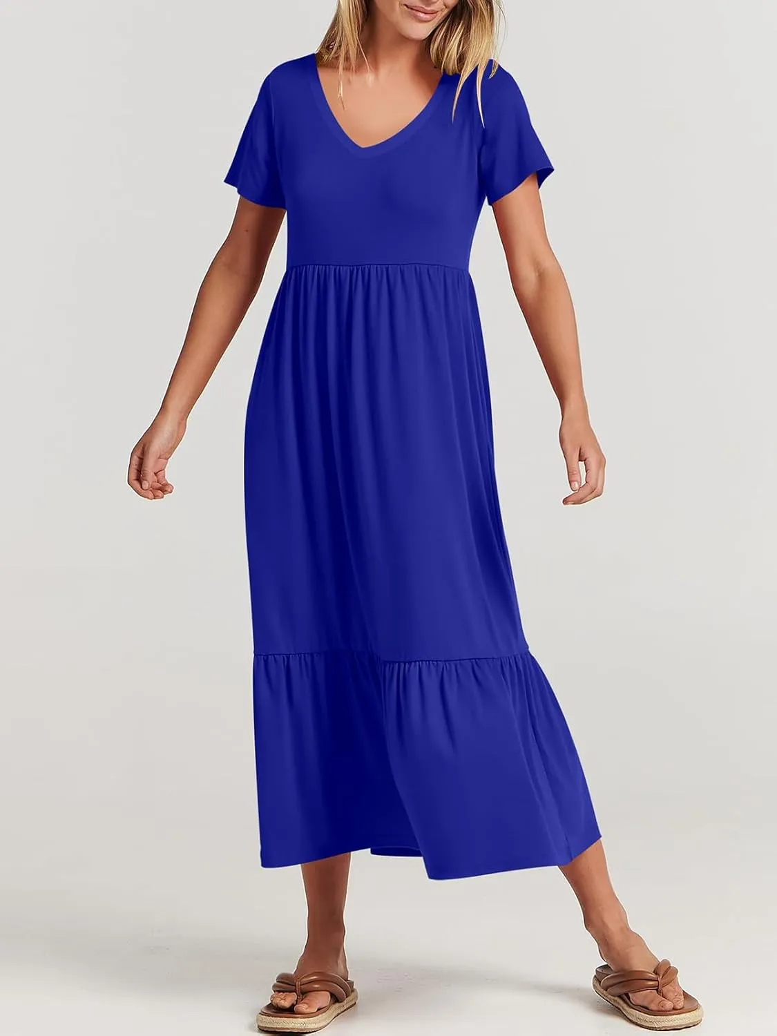 Women's Summer Casual Short Sleeve V Neck Swing Dress Casual Flowy Tiered Maxi Beach Dress with Pockets