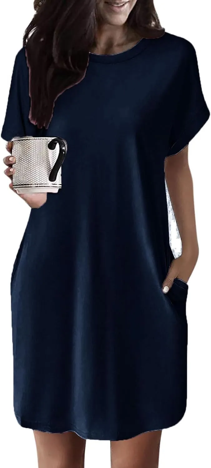 Women's Summer Dress Crewneck Short Sleeve Mini Dresses Batwing Casual Beach Vacation Tshirt Dresses with Pockets