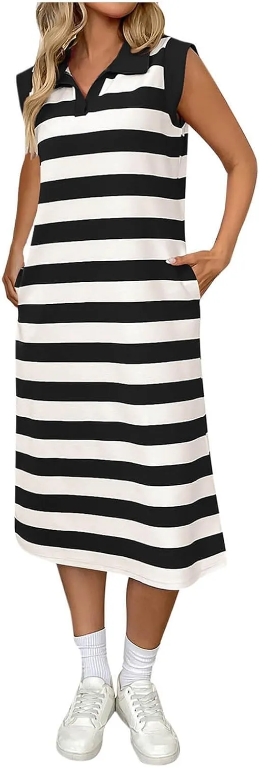 Womens Summer Dresses 2025 Polo V Neck Sleeveless Midi Dress Casual Striped Split Ribbed Knit Bodycon Dresses