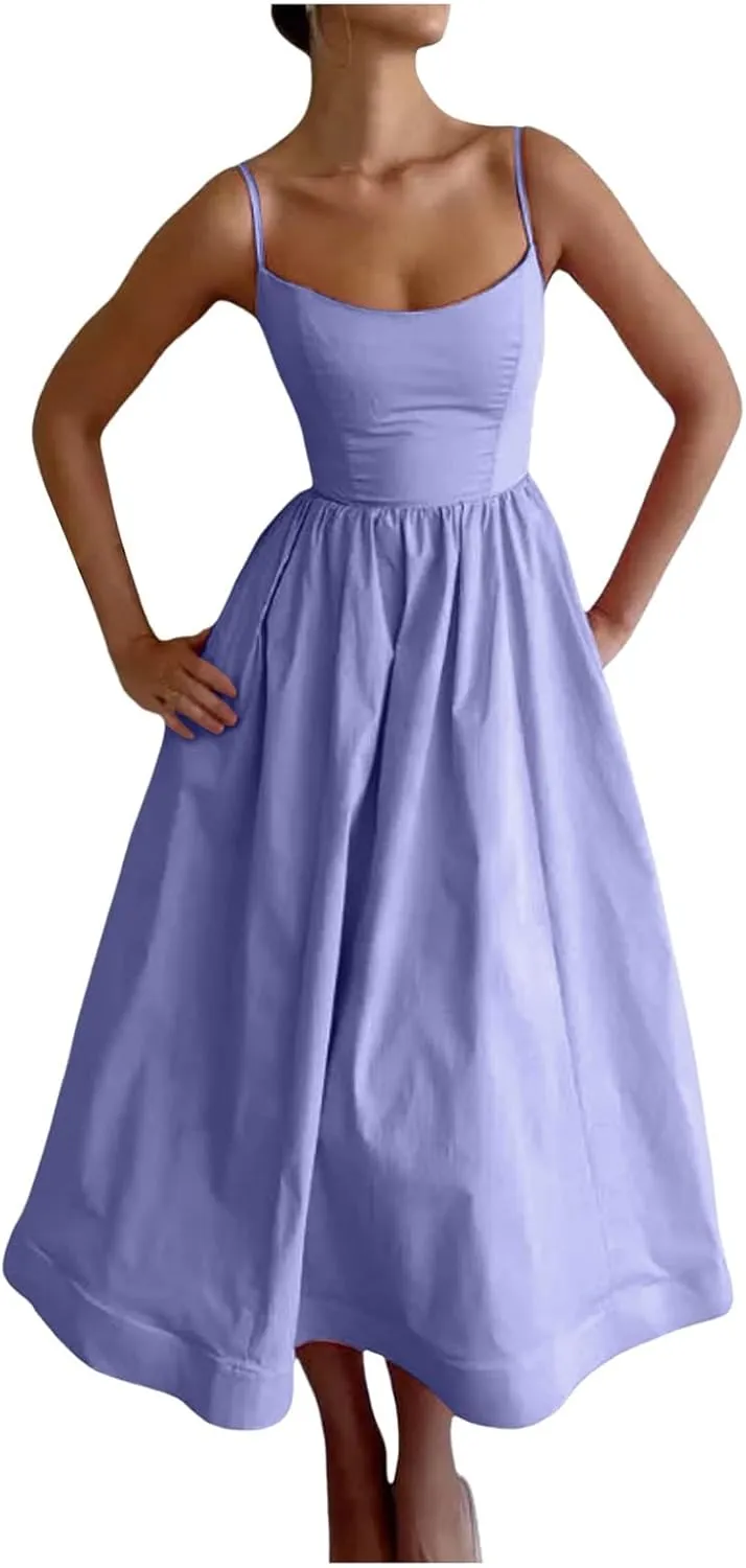 Womens Summer Dresses 2025 Sleeveless Flowy Pleated A Line Beach Vacation Sundress Fashion Spaghetti Strap Dresses