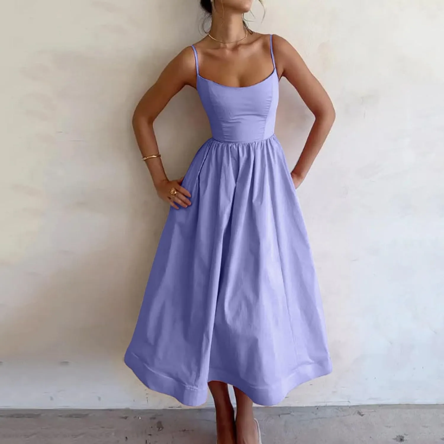 Womens Summer Dresses 2025 Sleeveless Flowy Pleated A Line Beach Vacation Sundress Fashion Spaghetti Strap Dresses