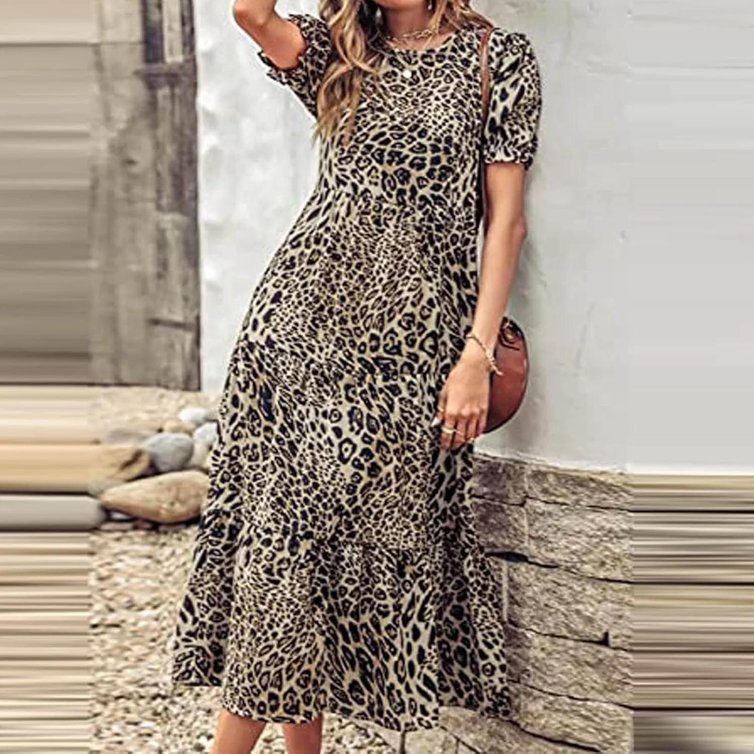 Womens Summer Maxi Dress Casual Round Neck Short Puff Sleeve Dresses Flowy Floral Tiered Ruffle Hem Beach Sundress