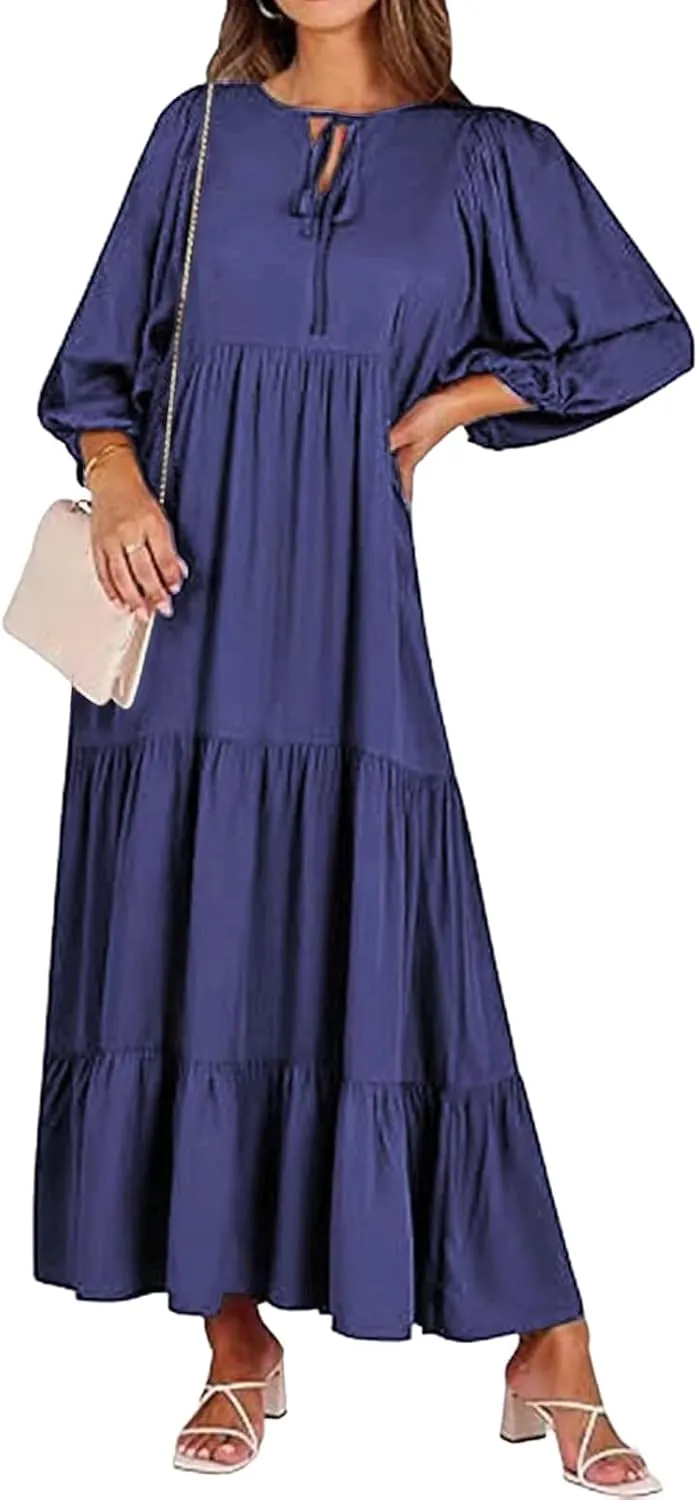 Womens Summer Maxi Dress V Neck Long Puff Sleeve Dresses 2025 Summer Casual A Line Flowy Swing Boho Dresses