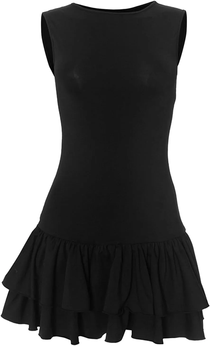 Womens Summer Mini Dress Sleeveless Crewneck Short Tank Sundress Flowy Ruffle Tiered Cocktail Party Dresses